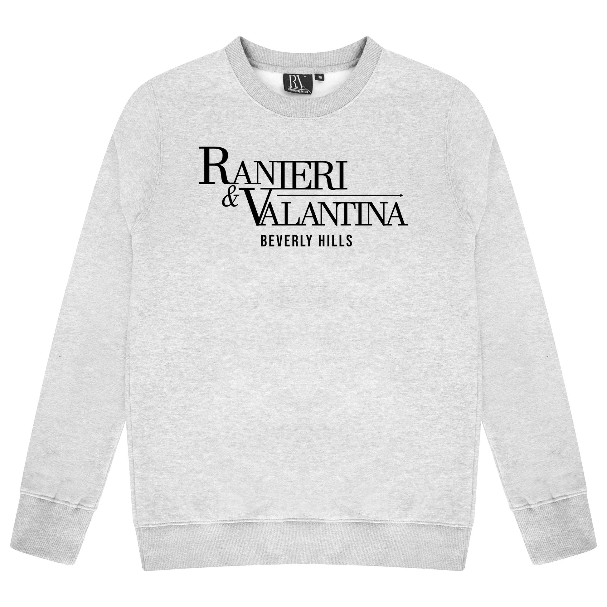 Grey Signature Beverly Hills sweatshirt featuring bold “Ranieri & Valentina Beverly Hills” logo and crew neckline.