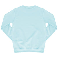 Back of turquoise sweatshirt showing plain design, long sleeves, and ribbed cuffs.