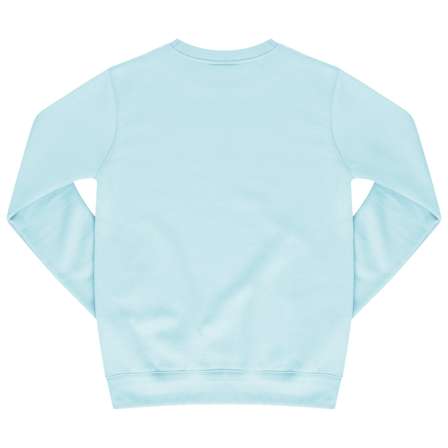 Back of turquoise sweatshirt showing plain design, long sleeves, and ribbed cuffs.