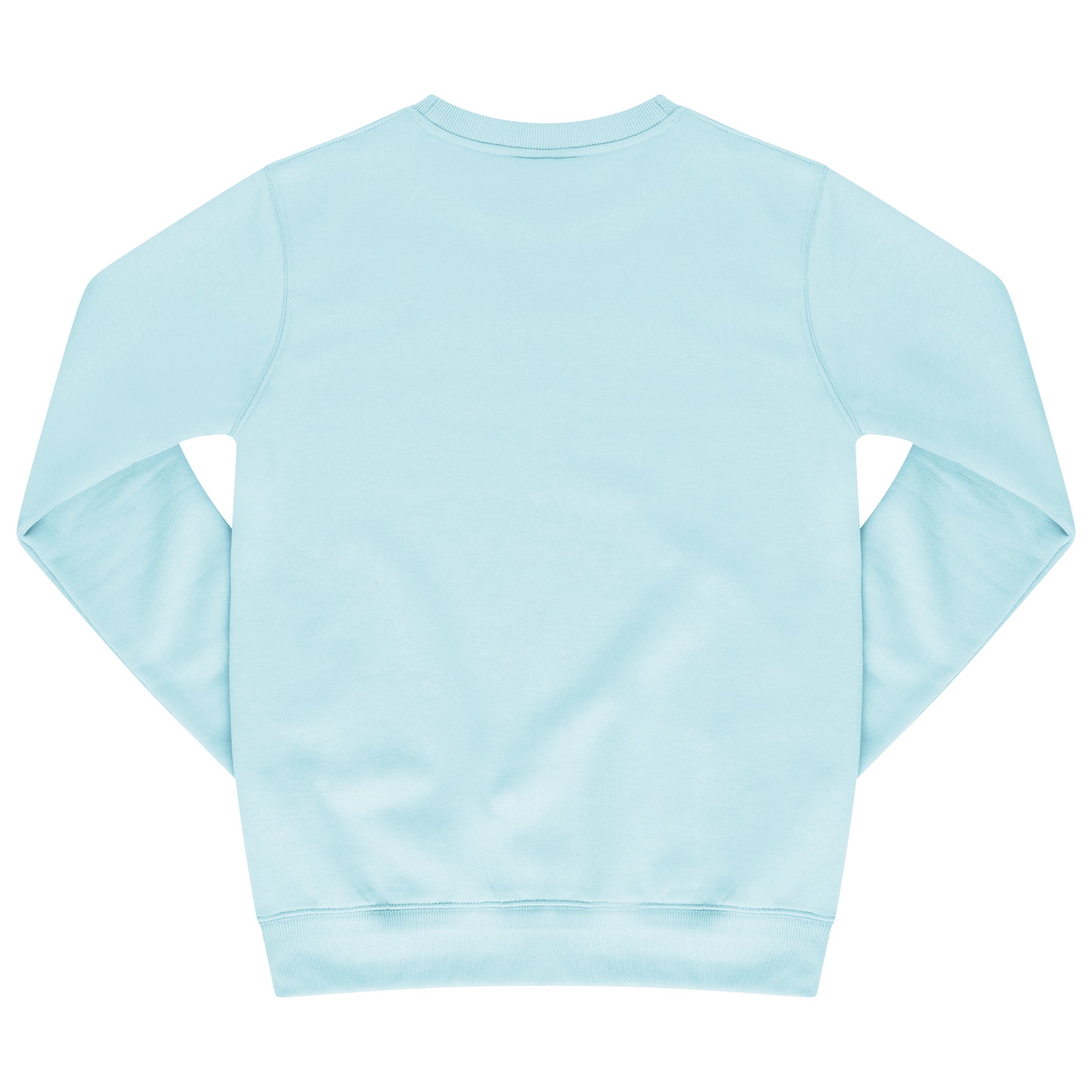 Back of turquoise sweatshirt showing plain design, long sleeves, and ribbed cuffs.