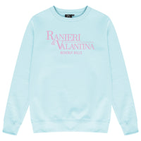 Turquoise Signature Beverly Hills sweatshirt with pink “Ranieri & Valentina” front logo and crew neck.