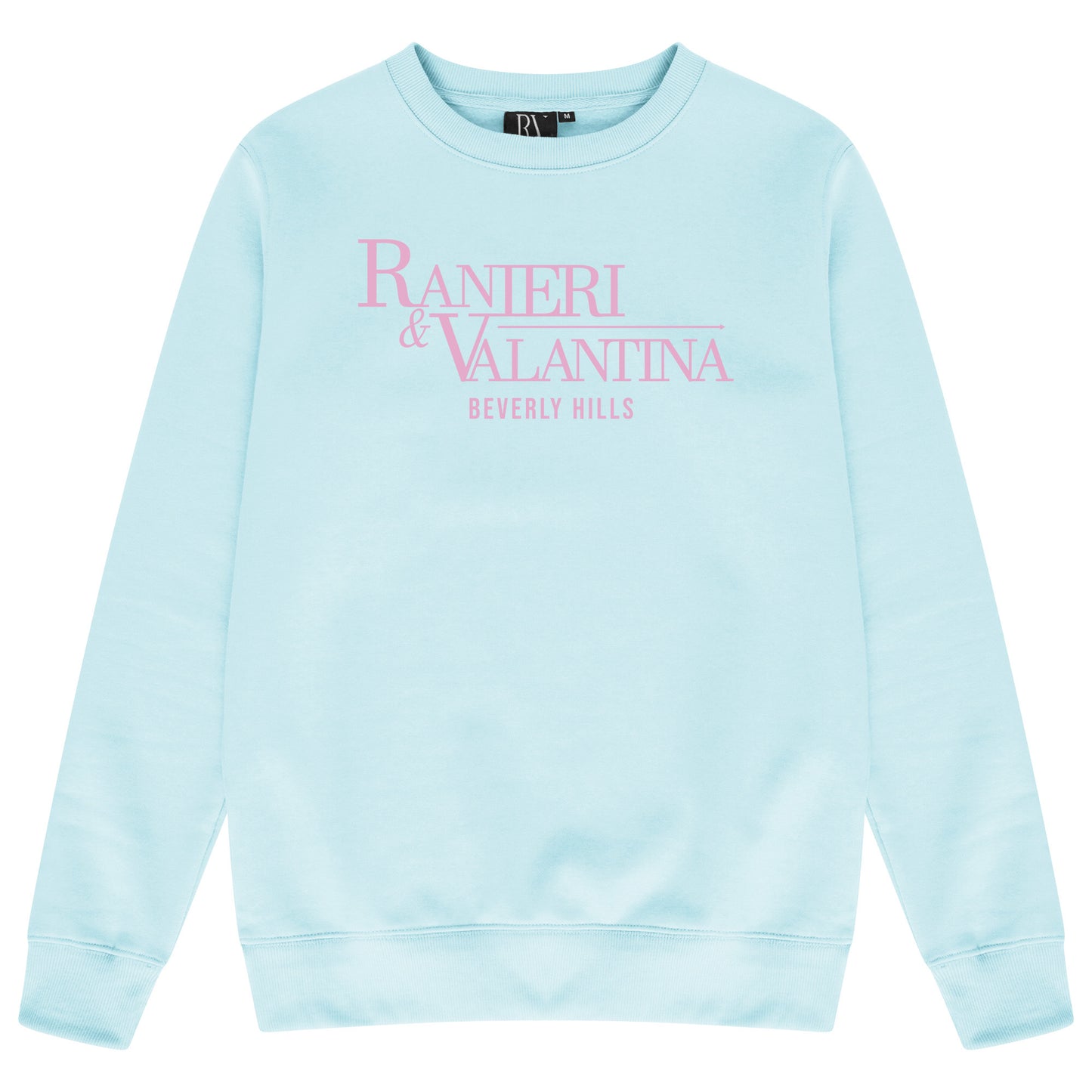 Turquoise Signature Beverly Hills sweatshirt with pink “Ranieri & Valentina” front logo and crew neck.