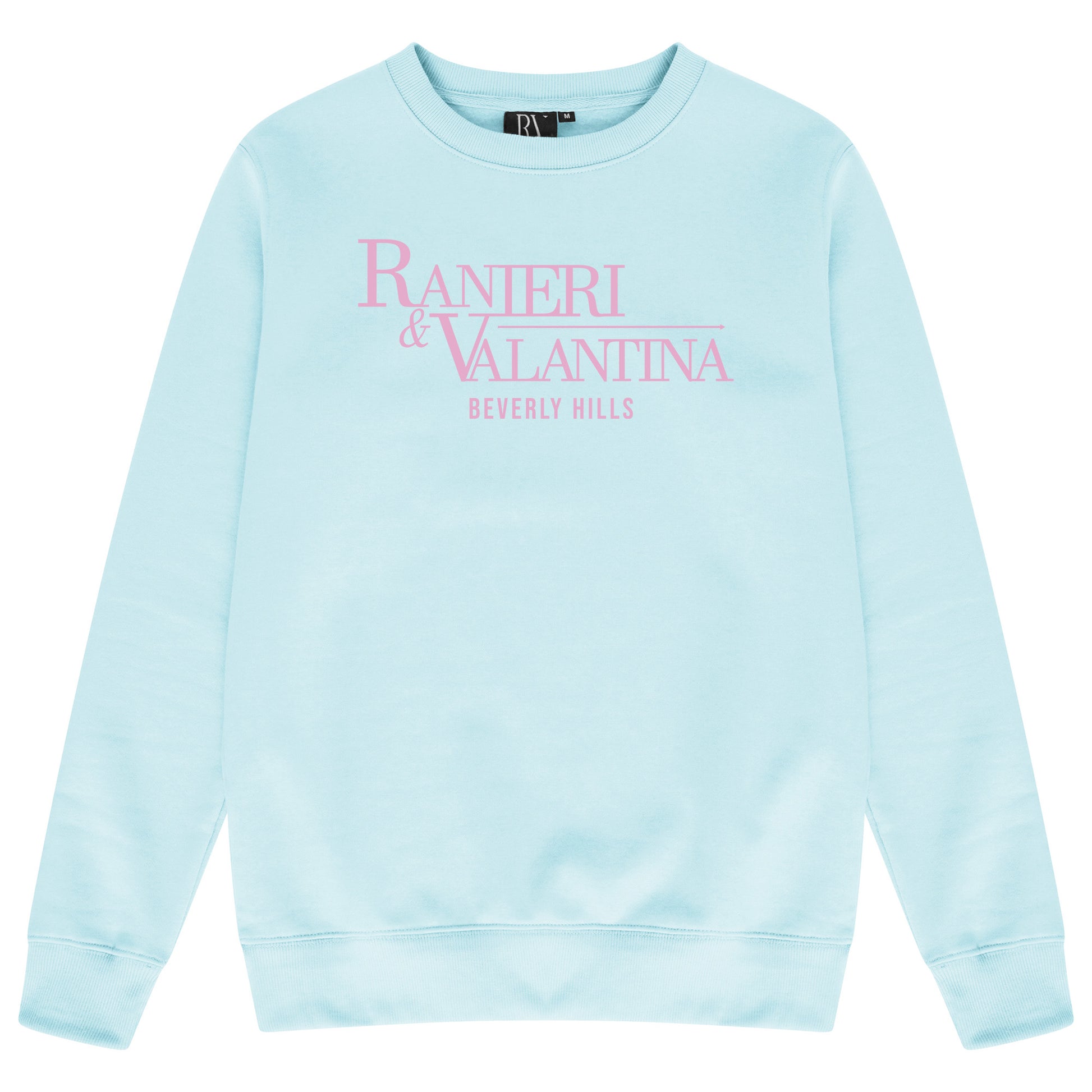 Turquoise Signature Beverly Hills sweatshirt with pink “Ranieri & Valentina” front logo and crew neck.