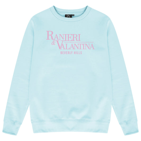 Turquoise Signature Beverly Hills sweatshirt with pink “Ranieri & Valentina” front logo and crew neck.