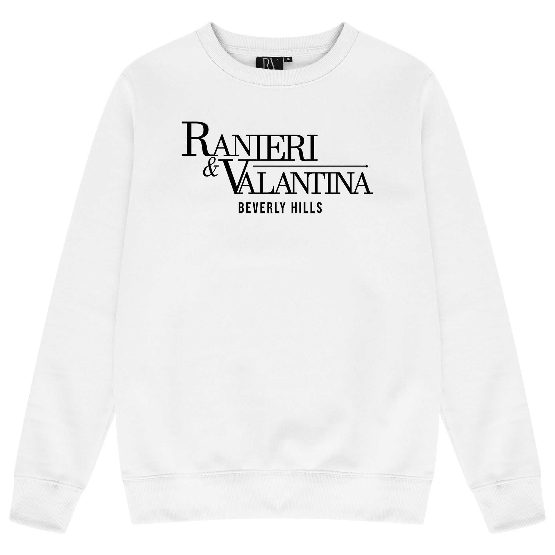 White Signature Beverly Hills sweatshirt featuring bold “Ranieri & Valentina Beverly Hills” logo and classic crew neckline.