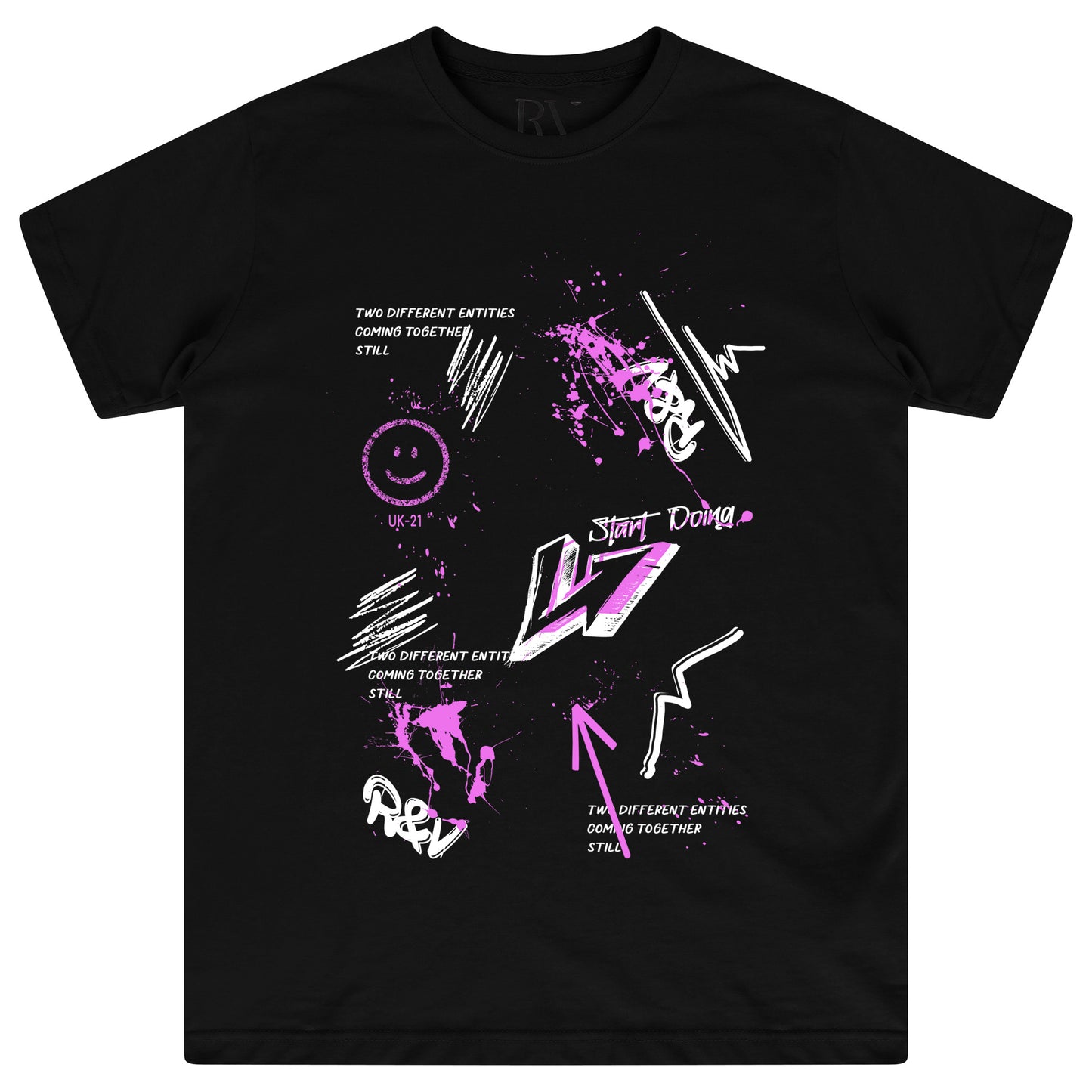Front flat lay of black oversized T-shirt with bold graffiti digital print – crewneck, short sleeves, streetwear fit.