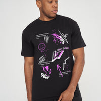 Male model front view wearing black oversized T-shirt with graffiti print, arms down, modern streetwear look.