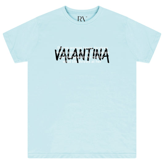 Turquoise Strong Woman Oversized T-Shirt featuring a bold white “STRONG WOMAN” front print, round neckline, and short sleeves.