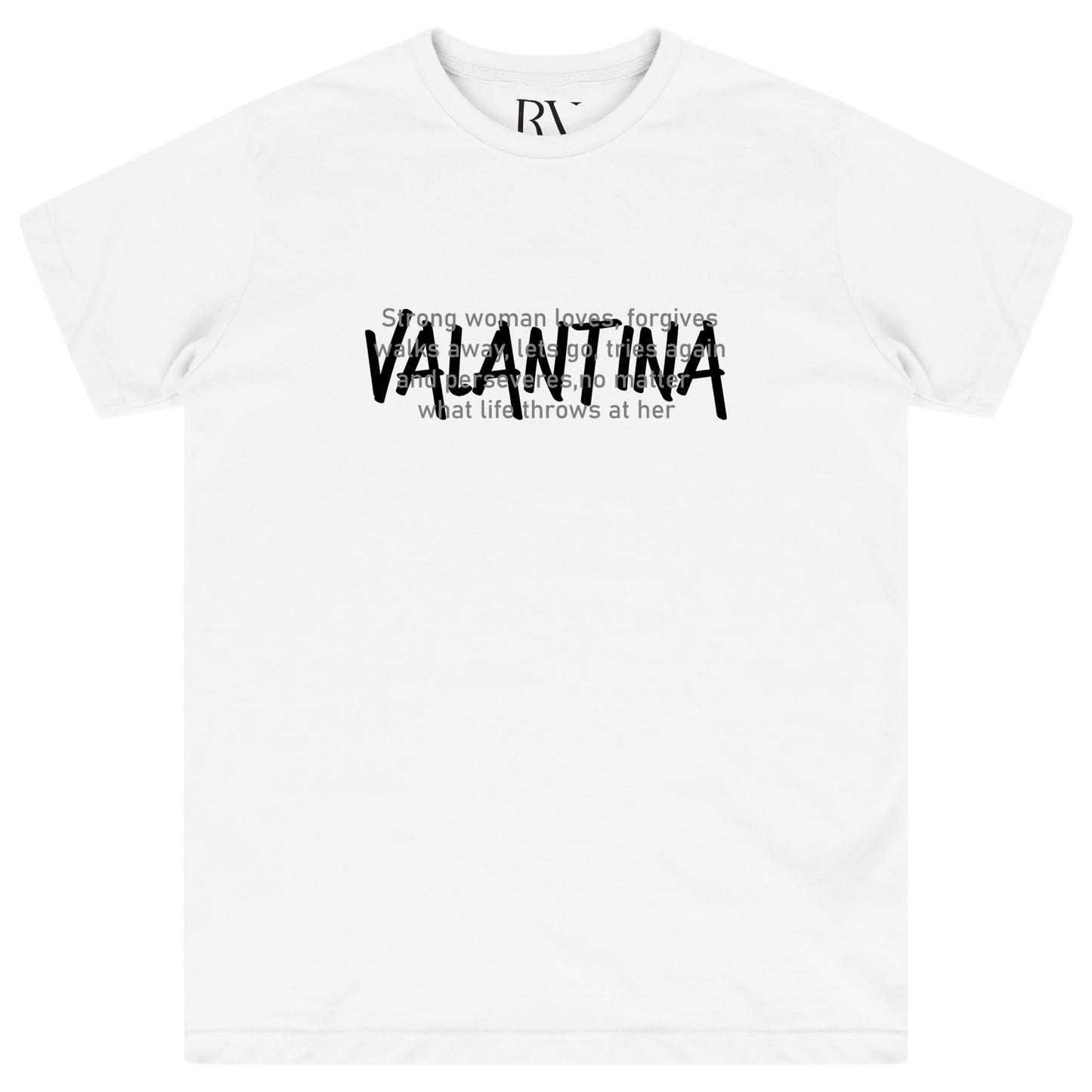 White oversized T-shirt featuring bold black “STRONG WOMAN” print on the chest, a round neckline, and short sleeves.