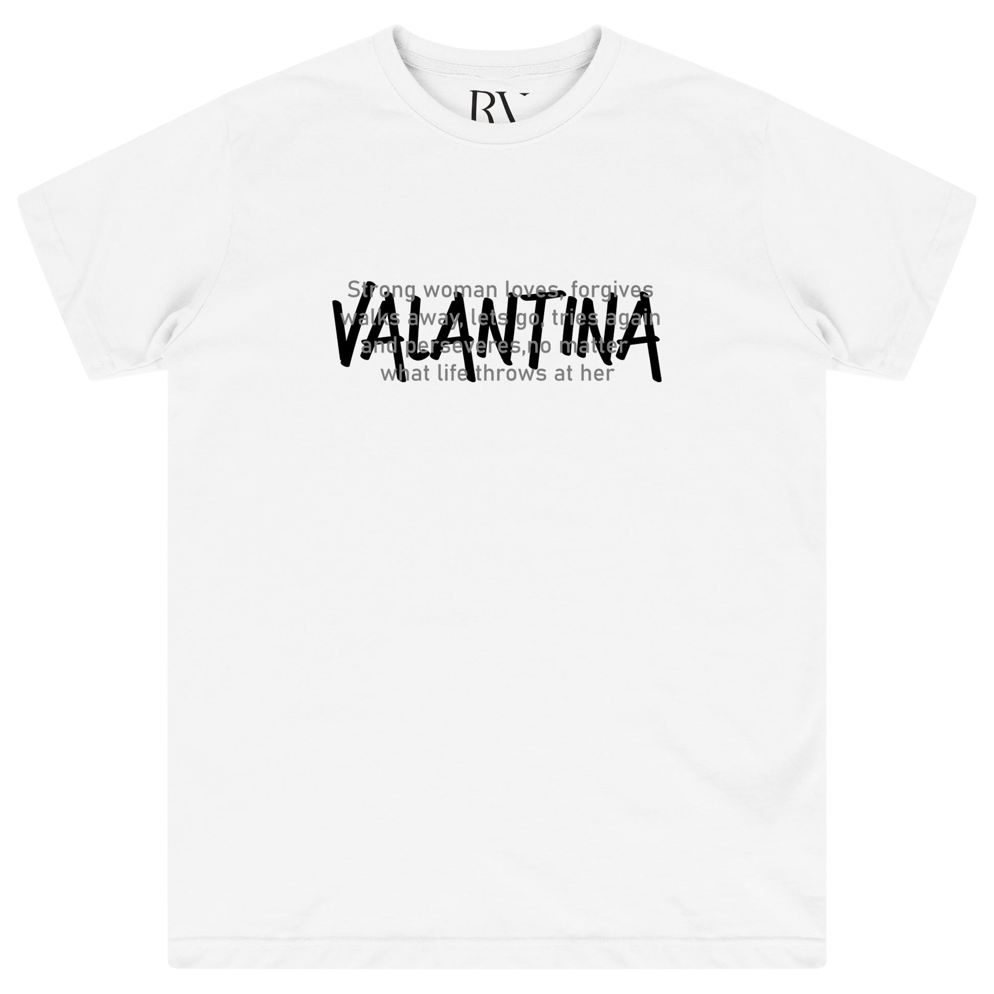 White oversized T-shirt featuring bold black “STRONG WOMAN” print on the chest, a round neckline, and short sleeves.