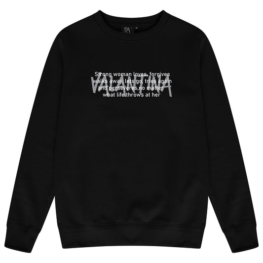 Black Strong Woman sweatshirt featuring a bold “STRONG WOMAN” print on the chest, round neckline, and ribbed trims.