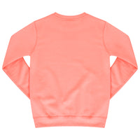Laid-flat coral sweatshirt showing the plain back, ribbed cuffs and hem, and classic crew neck silhouette.