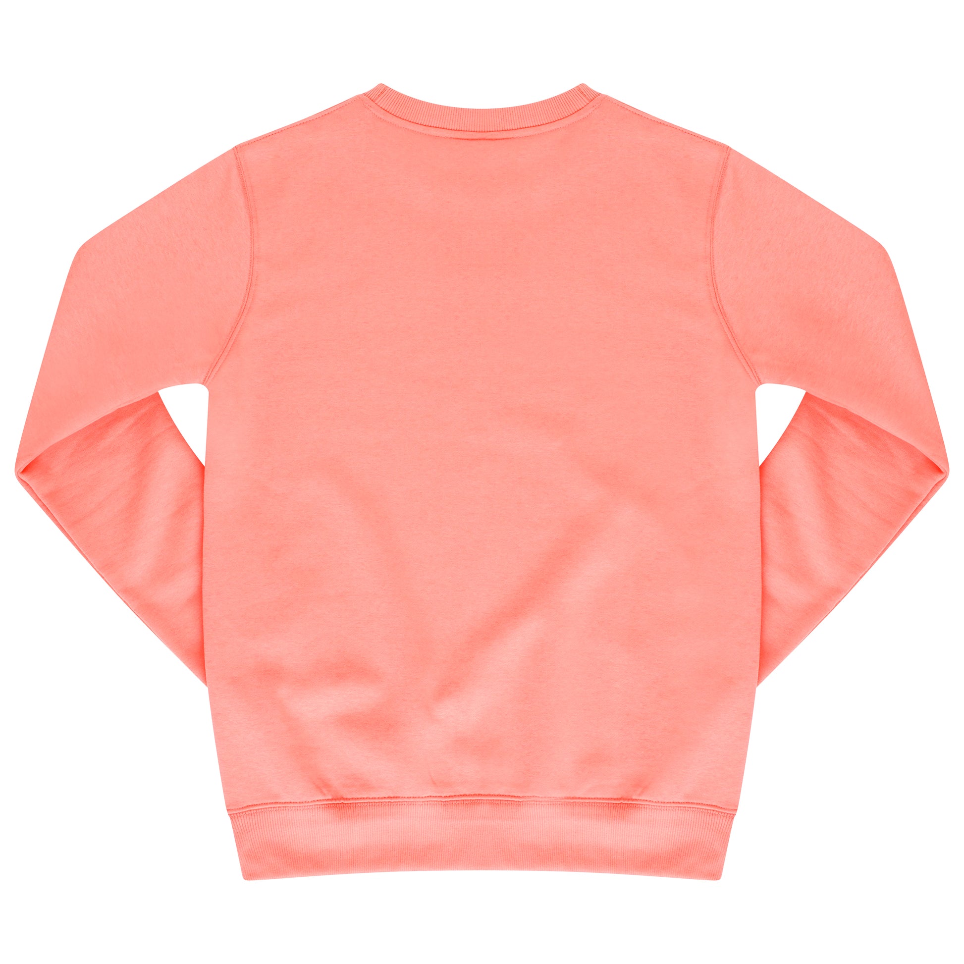 Laid-flat coral sweatshirt showing the plain back, ribbed cuffs and hem, and classic crew neck silhouette.