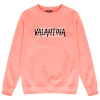 Coral Strong Woman sweatshirt featuring a bold “STRONG WOMAN” chest print, round neckline, and ribbed trims.