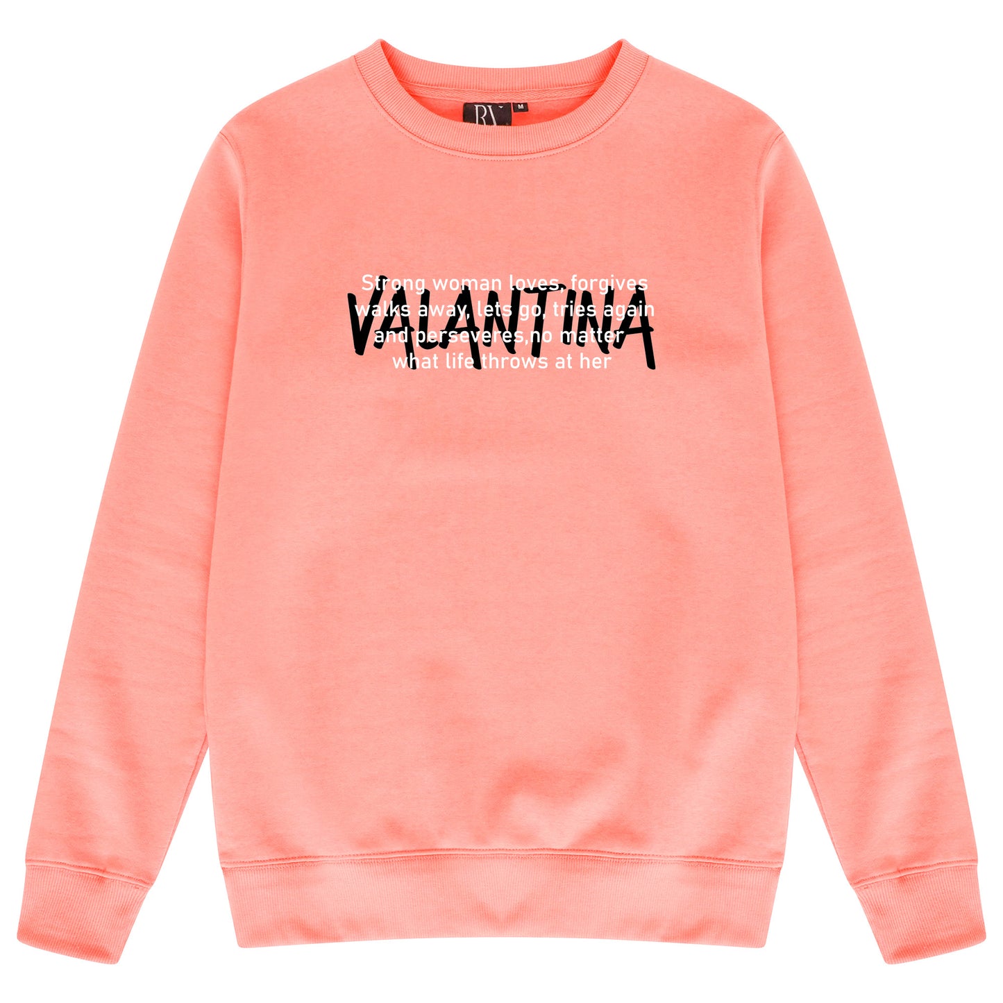 Coral Strong Woman sweatshirt featuring a bold “STRONG WOMAN” chest print, round neckline, and ribbed trims.