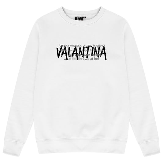 White Strong Woman sweatshirt featuring a bold black “STRONG WOMAN” front print, round neckline, long sleeves, and ribbed trims.