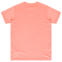 Laid-flat coral t-shirt showing the plain back, short sleeves, and oversized relaxed fit.