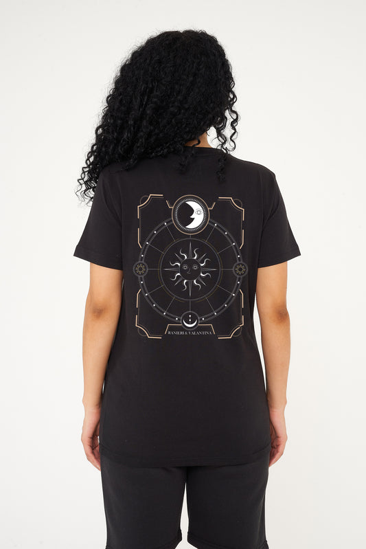 Laid-flat black women’s T-shirt showing a clean front view, round neckline, short sleeves, and relaxed oversized silhouette.