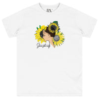 White oversized Sunflower Girl T-Shirt featuring a bold sunflower-inspired graphic on the front and a soft round neckline.