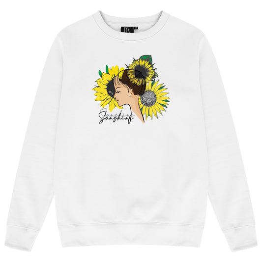 White Sunflower Girl sweatshirt featuring a bold yellow sunflower graphic centered on the chest with crew neckline and long sleeves.
