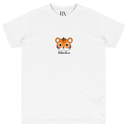White oversized women’s T-shirt featuring a large bold tiger head graphic printed centrally on the chest, classic round neckline, and short sleeves.