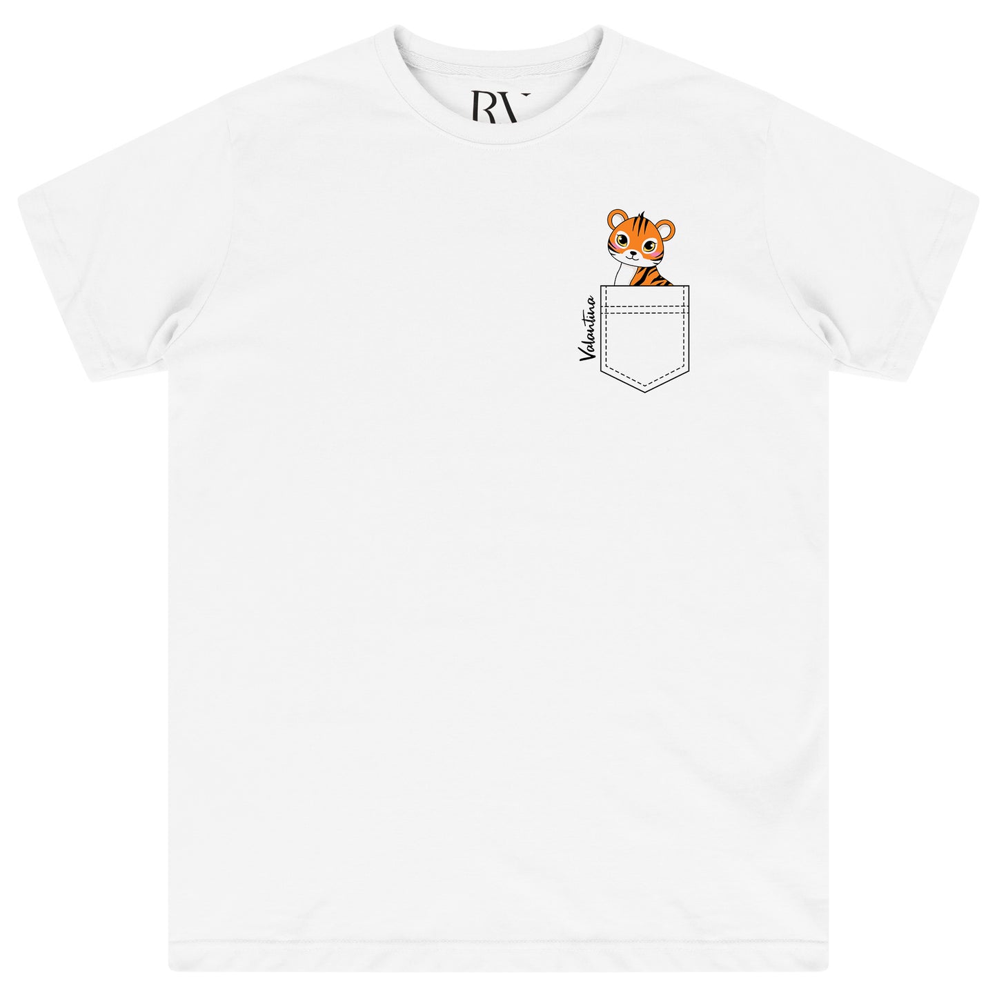 White oversized women’s T-shirt featuring a playful tiger graphic peeking out of a faux pocket printed on the front, classic round neckline, short sleeves, and relaxed fit.