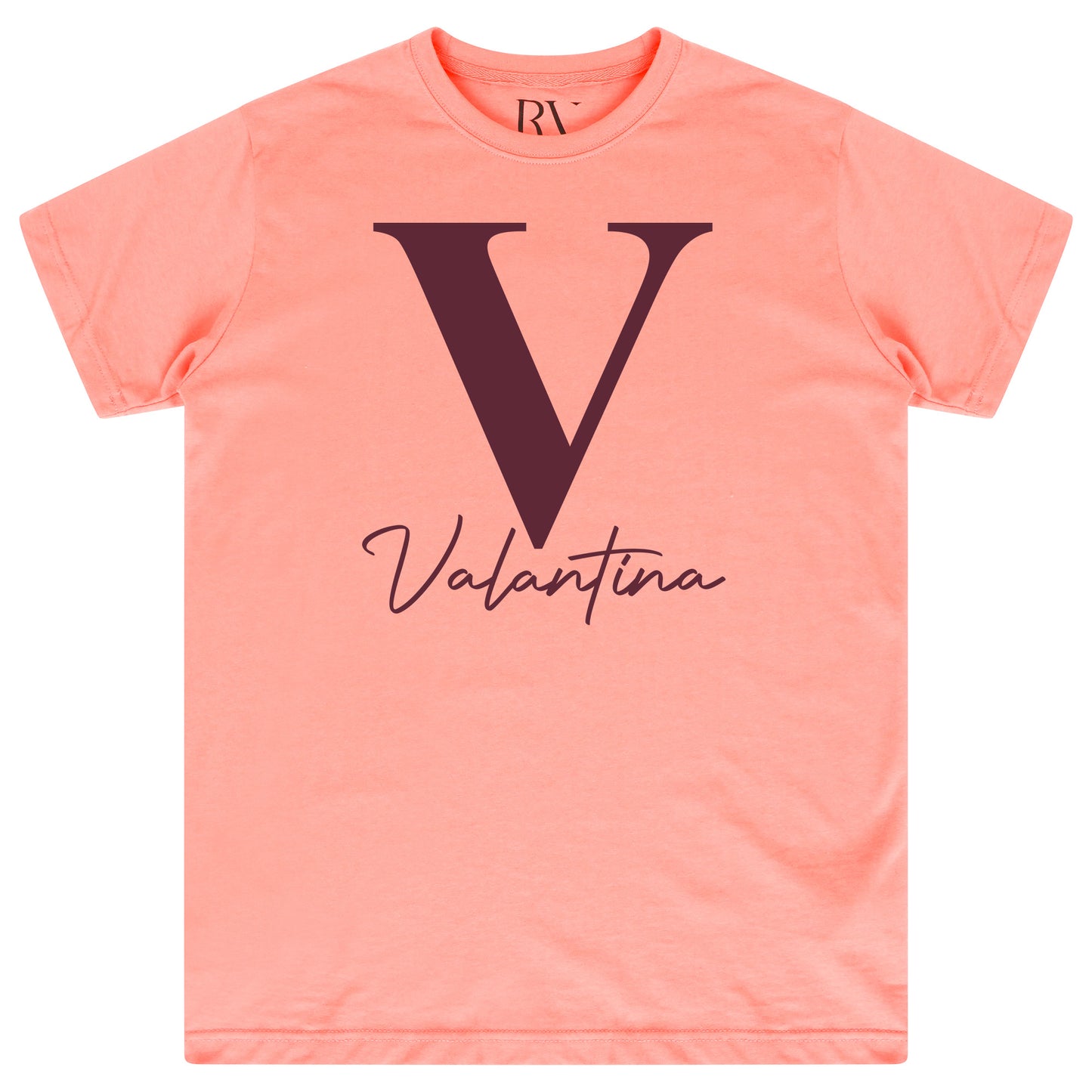 Coral oversized Valantina Signature Graphic T-Shirt displaying bold black signature print on the chest and a round neckline.