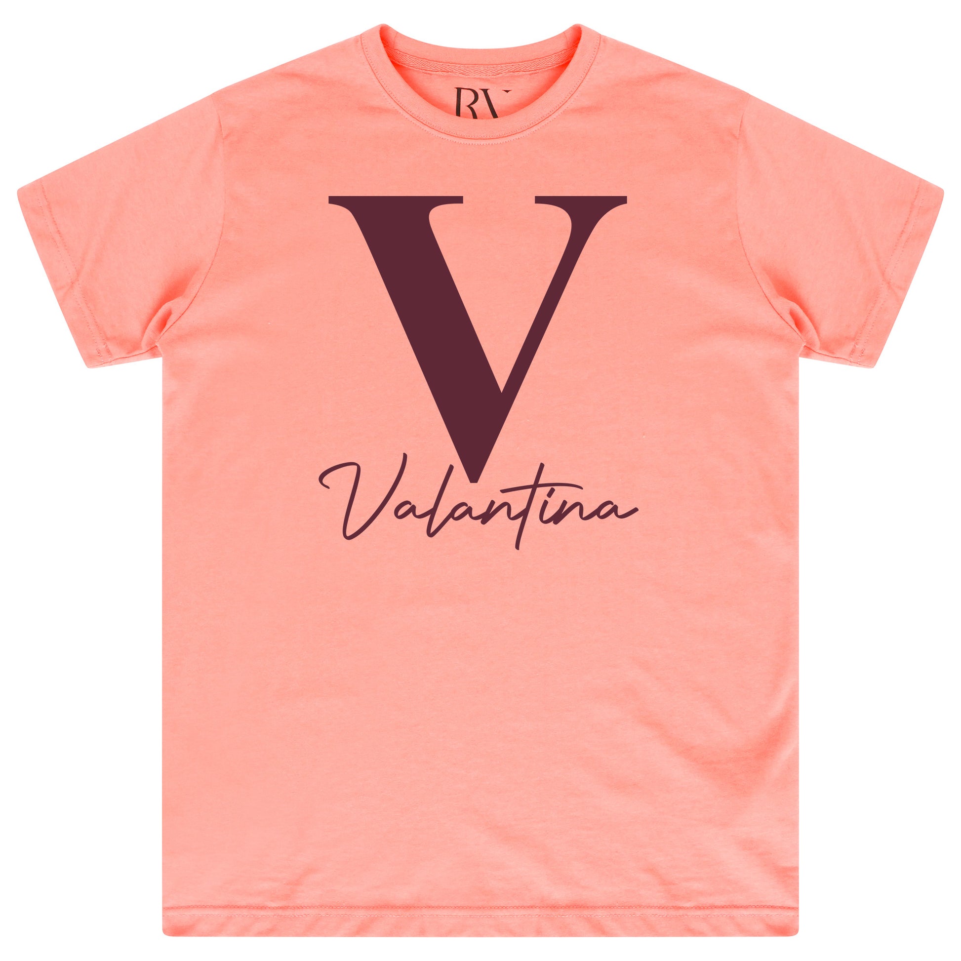 Coral oversized Valantina Signature Graphic T-Shirt displaying bold black signature print on the chest and a round neckline.