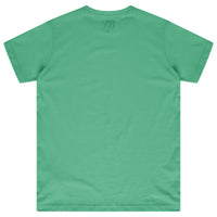 Laid-flat green t-shirt showing plain back, short sleeves, and relaxed oversized fit.