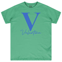Green oversized Valantina Signature Graphic T-Shirt featuring bold black signature print across the chest and classic crew neckline.