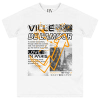 Front flat lay of white oversized Ville De L'amour T-shirt with bold black “Ville De L'amour” graphic text – crewneck, short sleeves.