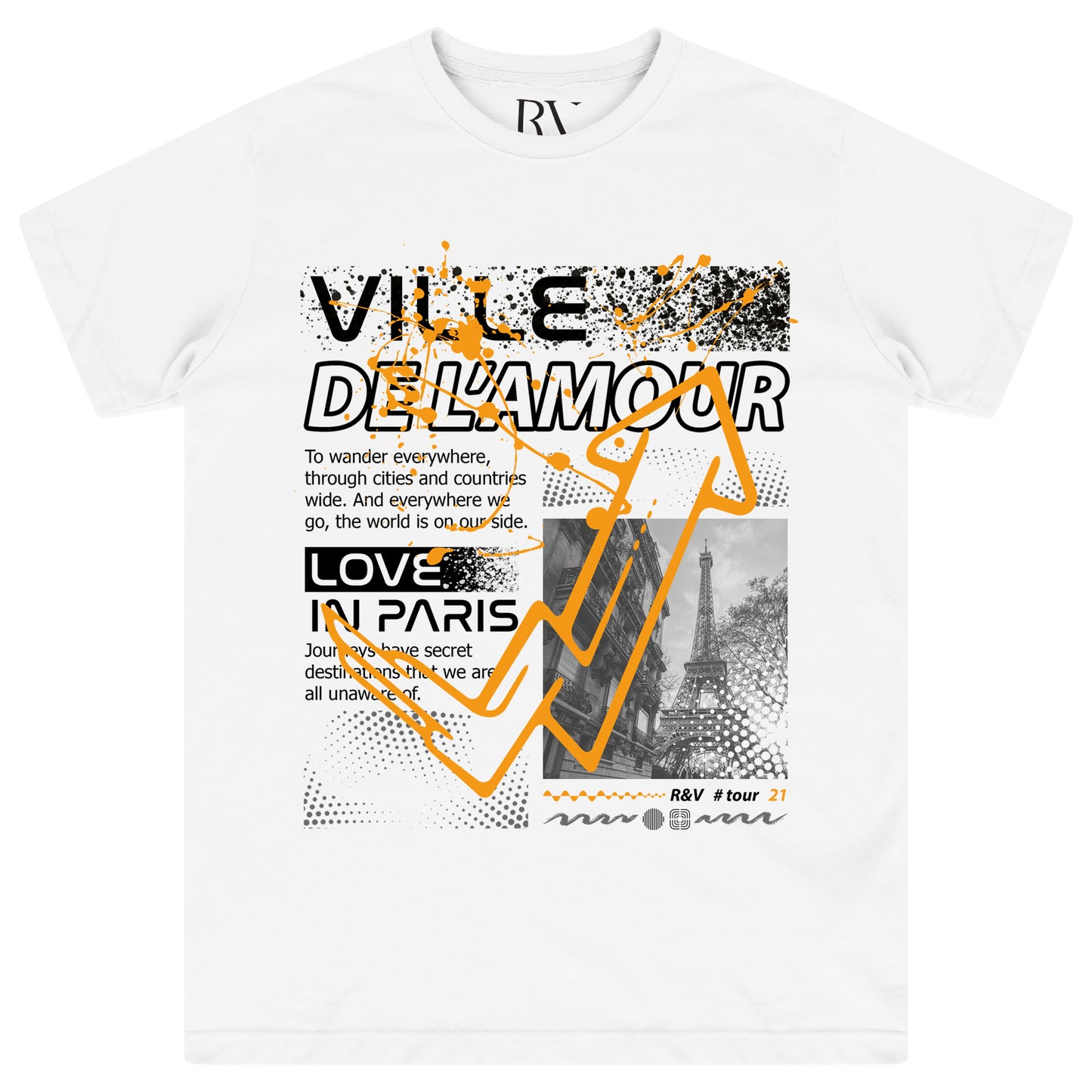 Front flat lay of white oversized Ville De L'amour T-shirt with bold black “Ville De L'amour” graphic text – crewneck, short sleeves.