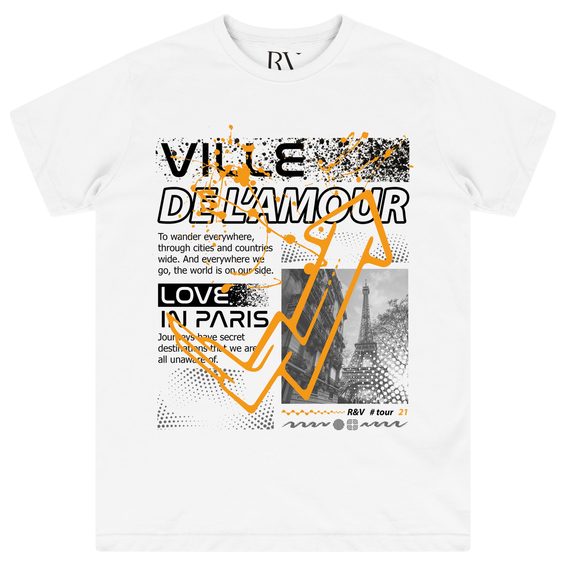 Front flat lay of white oversized Ville De L'amour T-shirt with bold black “Ville De L'amour” graphic text – crewneck, short sleeves.