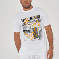 Model front view wearing white oversized Ville De L'amour T-shirt with graphic text, relaxed streetwear style.