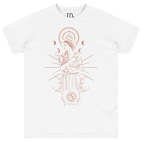 White oversized T-shirt featuring a bold black Virgo constellation and glyph graphic centered on the chest with a crew neckline.