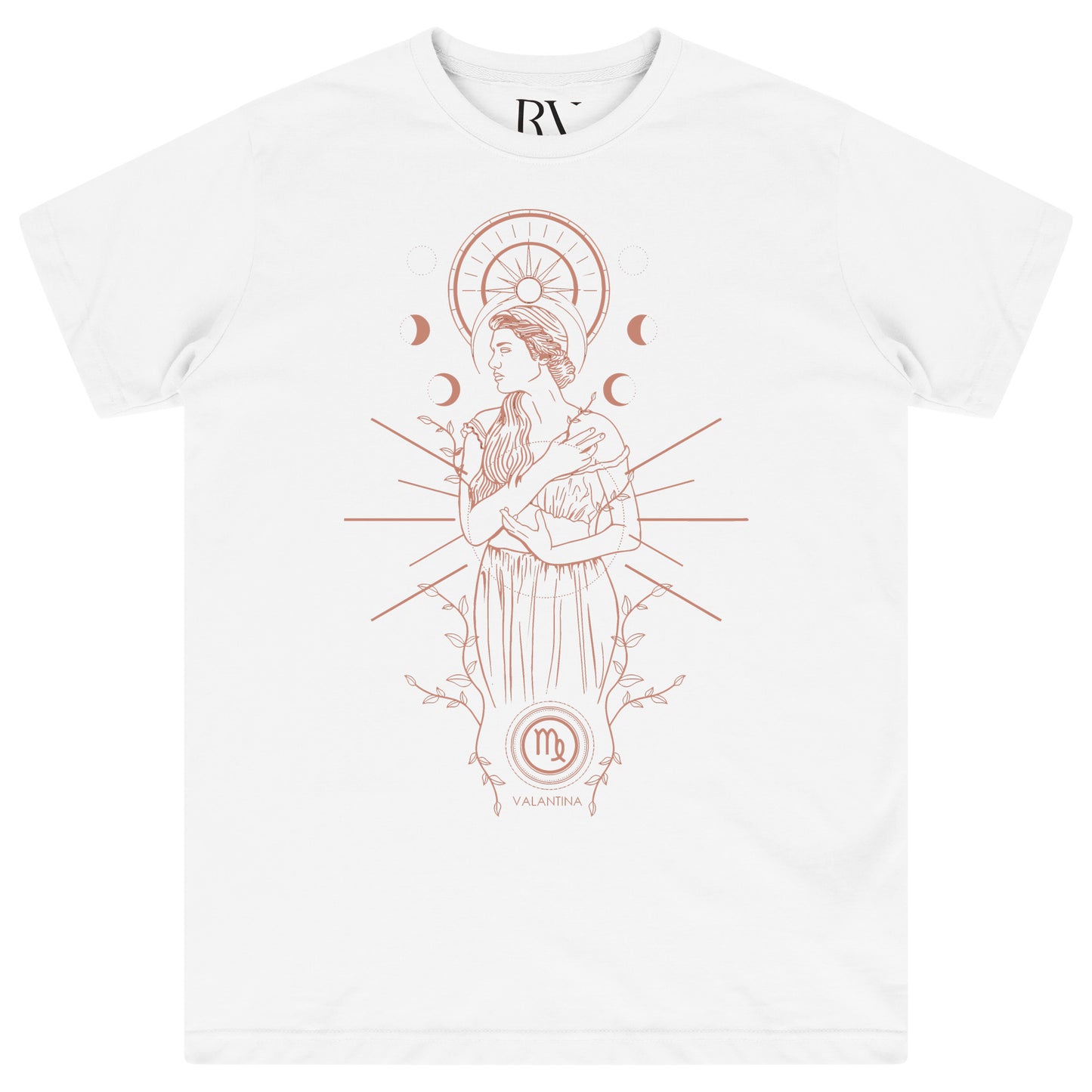 White oversized T-shirt featuring a bold black Virgo constellation and glyph graphic centered on the chest with a crew neckline.