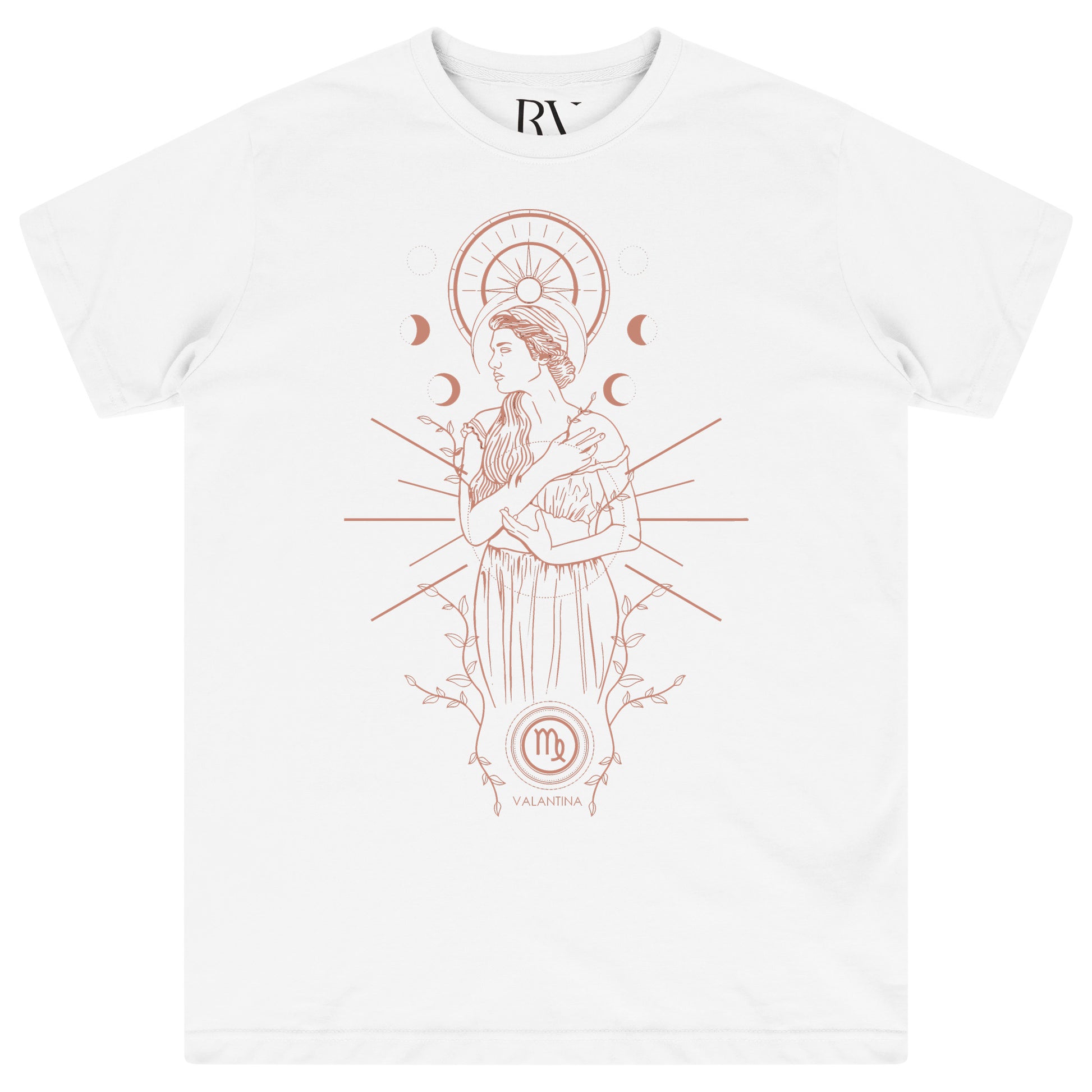 White oversized T-shirt featuring a bold black Virgo constellation and glyph graphic centered on the chest with a crew neckline.