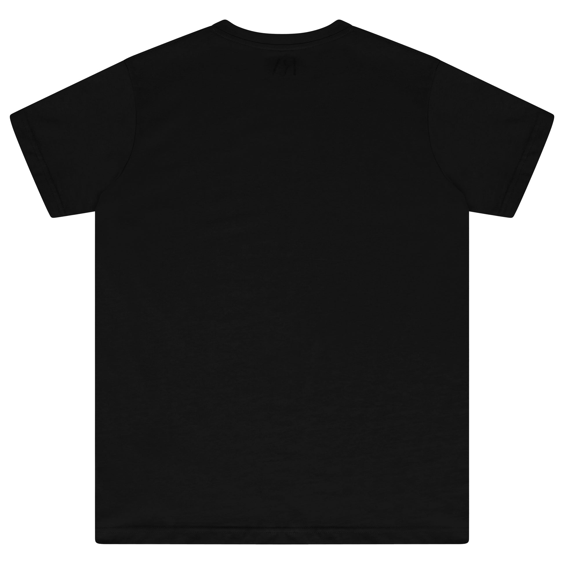 Laid-flat black T-shirt showing the plain back, relaxed oversized silhouette, short sleeves, and crew neckline.