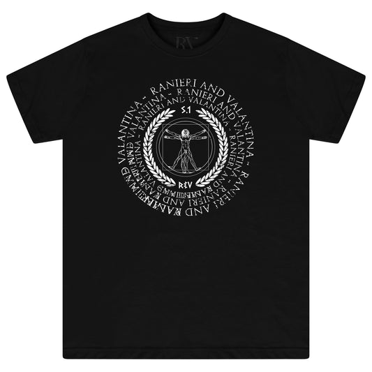 Black oversized men’s T-shirt featuring a bold Vitruvian-inspired graphic print centered on the chest with a classic round neckline and short sleeves.