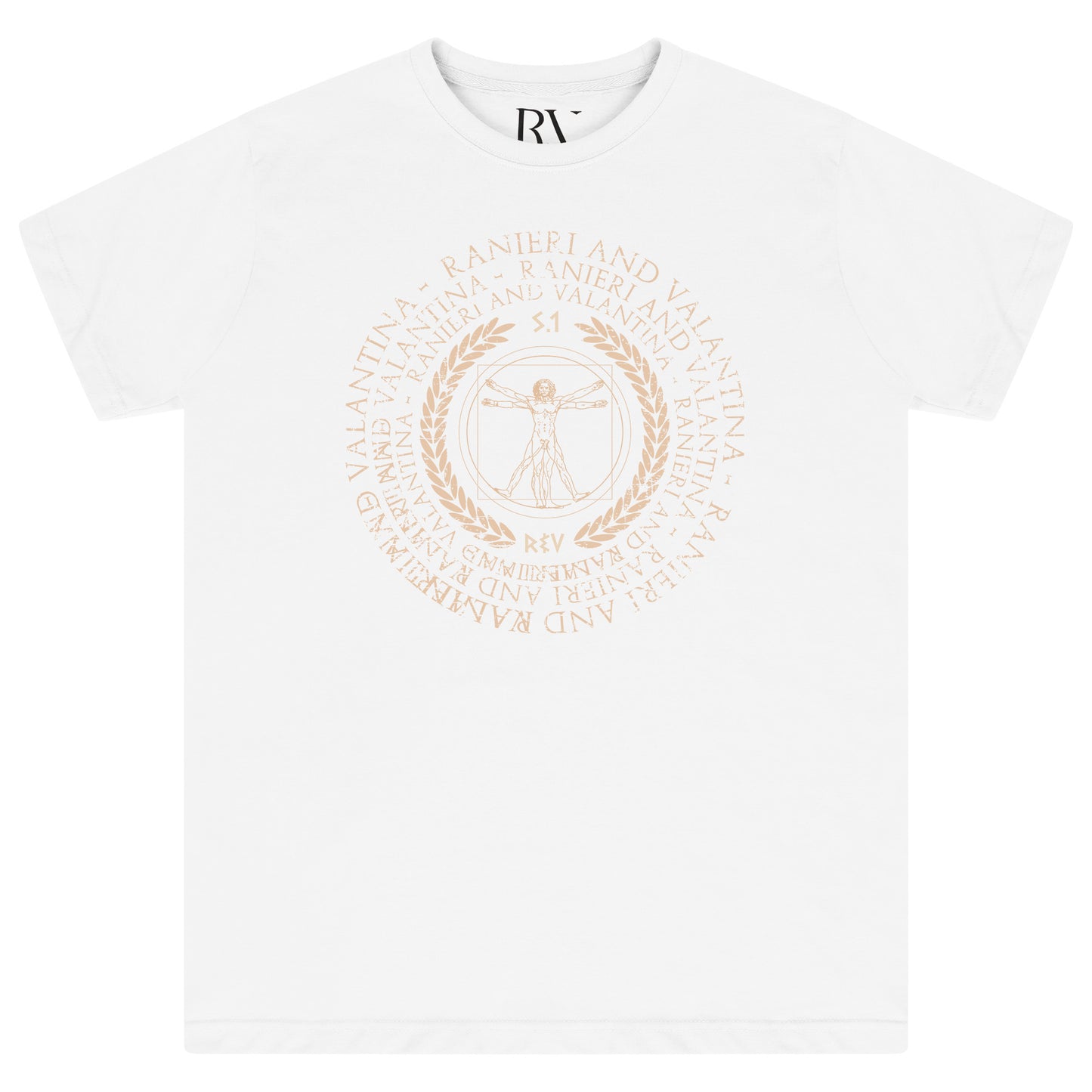 White oversized Vitruvian T-Shirt featuring a bold iconic artistic graphic centered on the chest, with a classic round neckline and short sleeves
