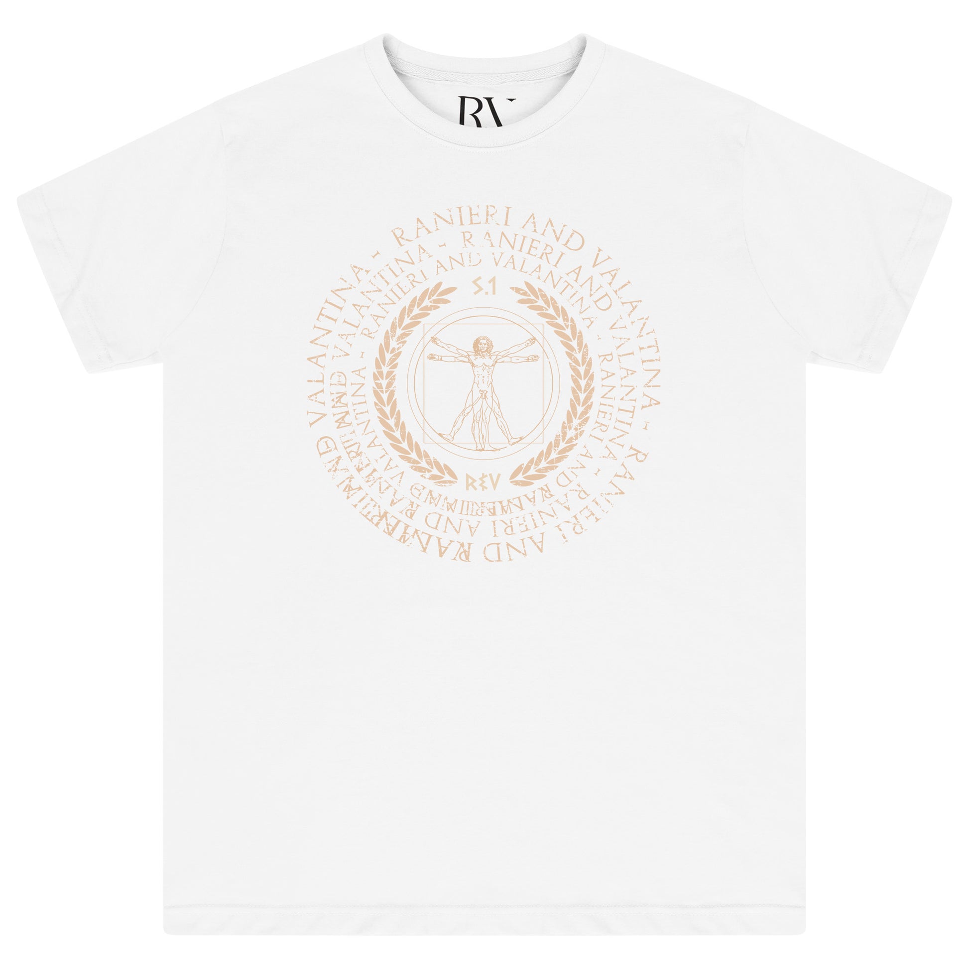 White oversized Vitruvian T-Shirt featuring a bold iconic artistic graphic centered on the chest, with a classic round neckline and short sleeves