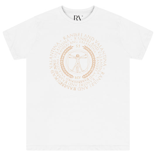 White oversized Vitruvian T-Shirt featuring a bold iconic artistic graphic centered on the chest, with a classic round neckline and short sleeves