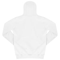 Back view: Rear view of white Wild Roses hoodie with hood up showing plain design.