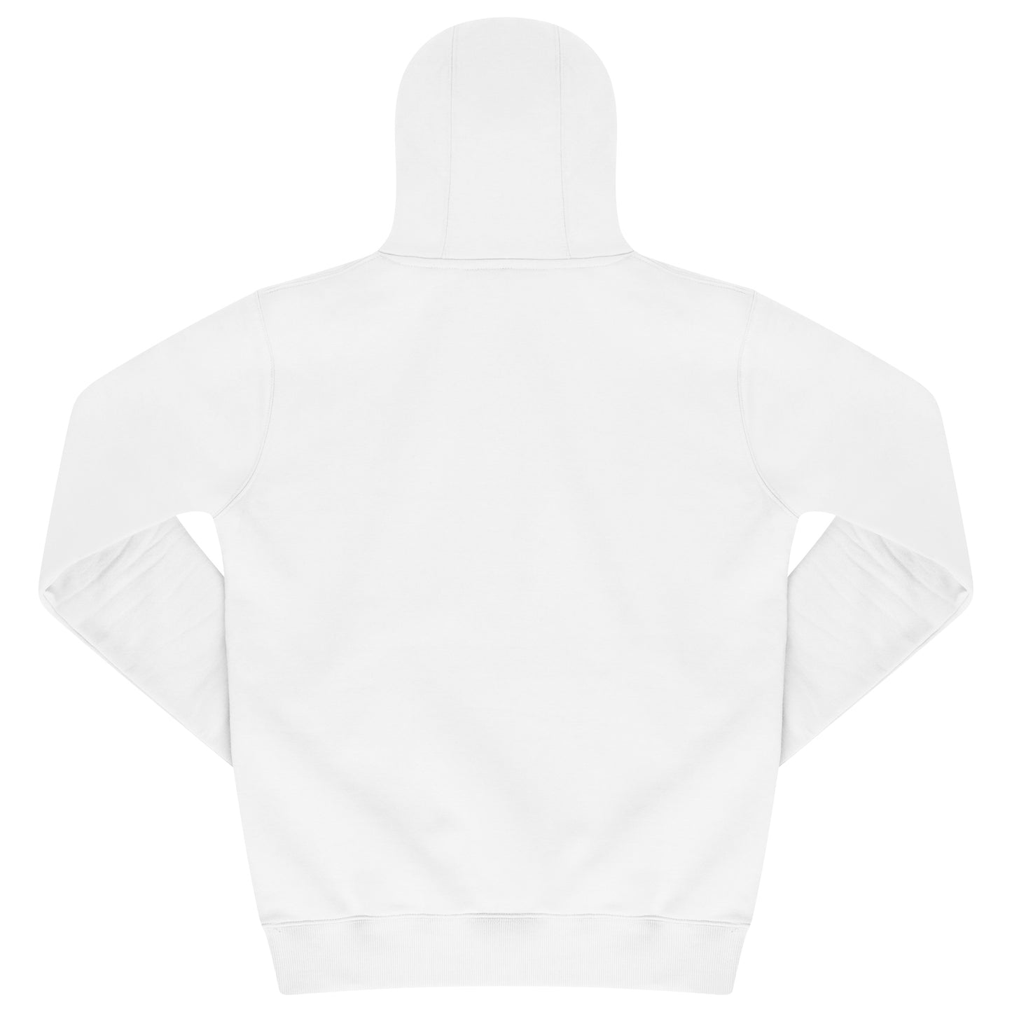Back view: Rear view of white Wild Roses hoodie with hood up showing plain design.
