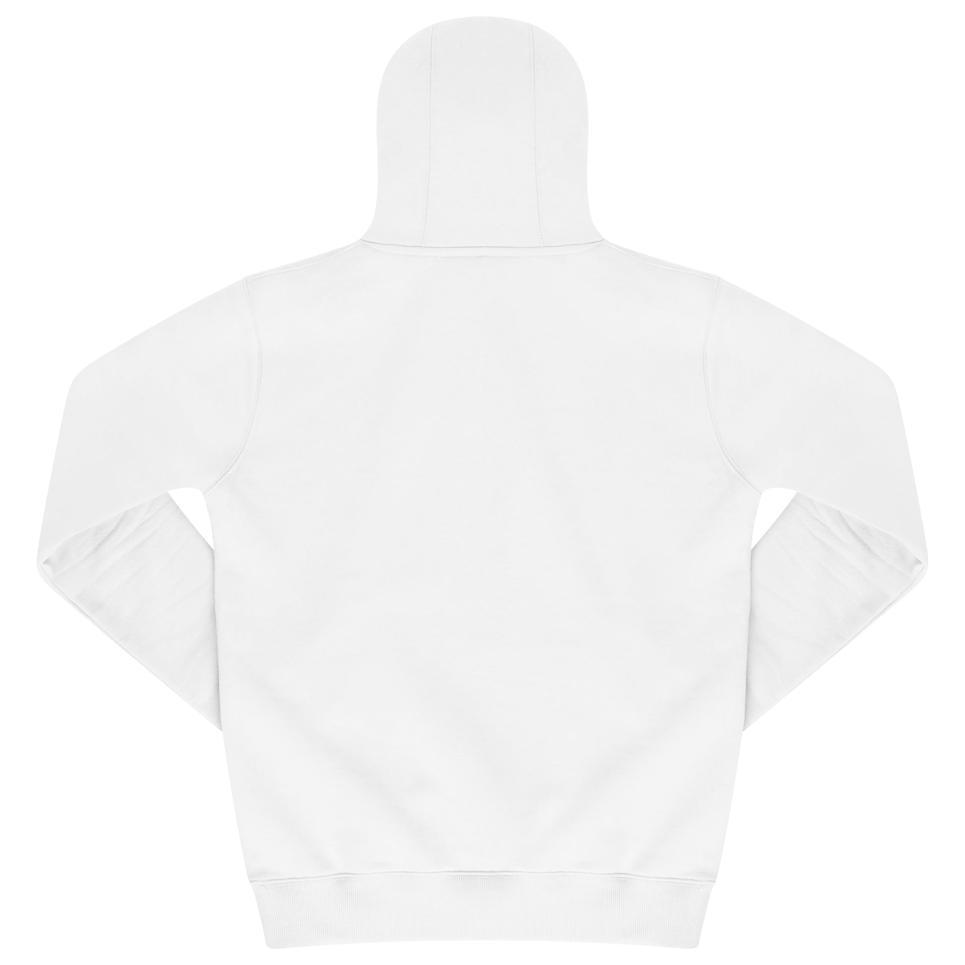 Back view: Rear view of white Wild Roses hoodie with hood up showing plain design.
