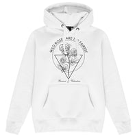 Main product image: White Wild Roses hoodie with black floral line artwork and drawstrings on the front.