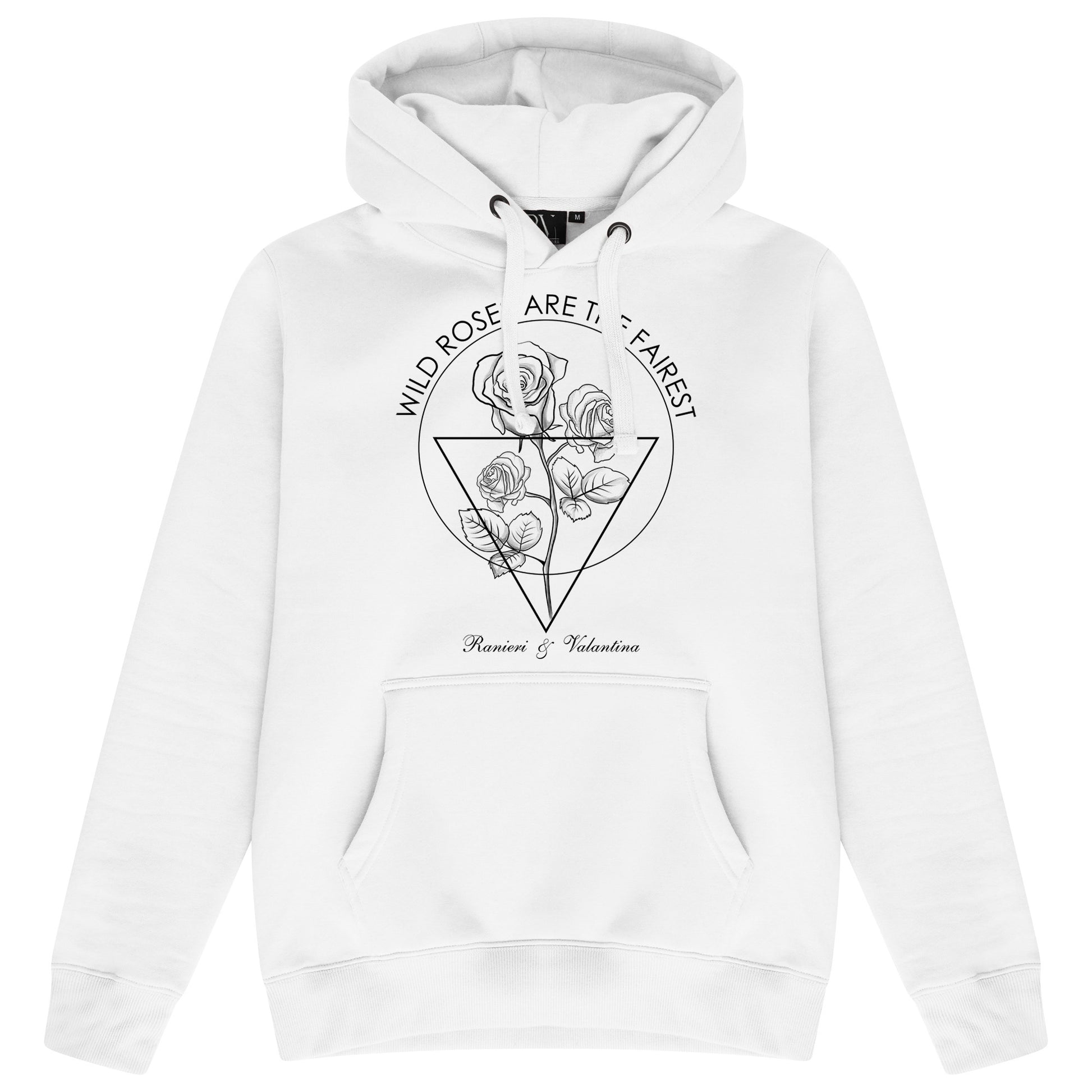 Main product image: White Wild Roses hoodie with black floral line artwork and drawstrings on the front.