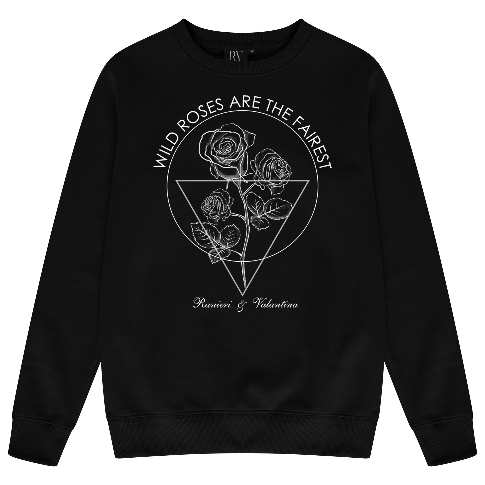 Black Wild Roses sweatshirt featuring white floral line art and crew neckline.