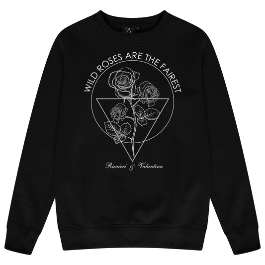 Black Wild Roses sweatshirt featuring white floral line art and crew neckline.