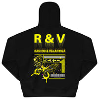 Back flat lay of men's black oversized hoodie featuring bold yellow butterfly and graphic R&V print – oversized fit.